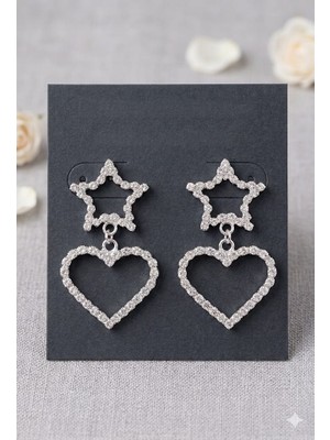 KLC Takı Kadın Zirkon Taşlı Kalp ve Yıldızlı Küpe Abiye Günlük Düğün Nişan Trend