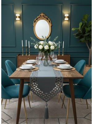 Minoza Amoris Model Kadife Kumaş Tül Detaylı Püsküllü Dekoratif Masa Örtüsü Runner