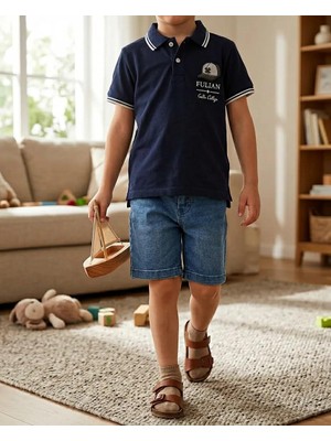 Mutlu Bebe Bulvar Erkek Çocuk %100 Pamuklu Lacivert Polo Yaka Tişört ve Kot Şort Bayramlık-Yazlık Takım - Kolej Stil 2'li Kombin