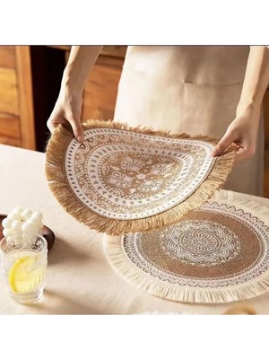 Handanca Bohem Jüt Supla, Doğal Püsküllü Yuvarlak Amerikan Servis,tabak Altlığı, Hasır,desenli 1 Adet