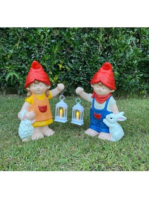 Handanca Fenerli Cuce Kız Erkek Çocuk 2li Set Ev Bahçe Heykel Biblo Aydınlatmali Obje