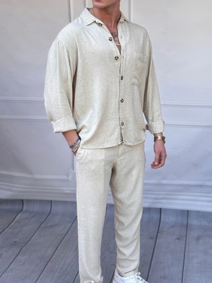 Modefendicom %100 Ham Keten Tam Oversize Kesim Alt -Üst Takım