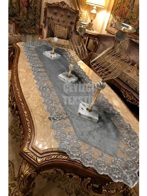 Handanca Kadife Dantel Detaylı Gri Runner (140X40CM)