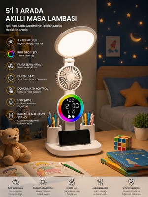 Monozone Rgb Yuvarlak Başlı Masa Lambası Fanlı Saatli 3renk Dokunmatik Şarjlı Kalemlik Telefon Standı