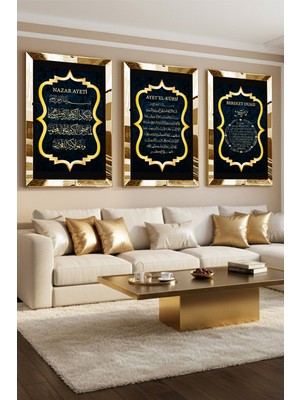 Handanca Gold Aynalı Pleksi Çerçeveli Ayetel Kürsi, Nazar Ayeti, Bereket Duası Dini Üçlü Mdf Tablo Seti