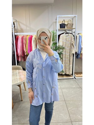 La Carte Yandan Damla Taş Işlemeli Mom Jeans Pantolon Yt Mavi 0291
