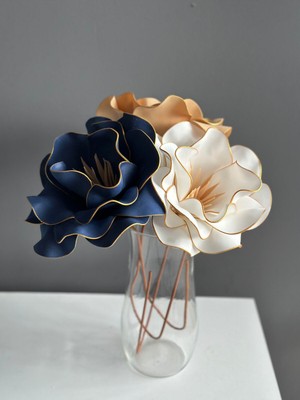 Handanca El Yapımı Dekoratif Büyük 3 Adet Yapay Manolya-Lacivert-Beyaz-Sarı Vazo Çiçeği