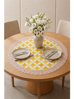 Rona Home Yuvarlak Sarı Geometrik Desenli Dantelli Masa Örtüsü 60 cm Su Geçirmez Leke Tutmaz Silinebilir Şık Sofra Bezi