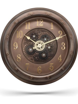 CetKing Serisi Antik Eskitme Kadranlı Döner Çarklı Ev ve Ofis Duvar Saati Kabartma Latin Rakamlı 40 cm Bronz