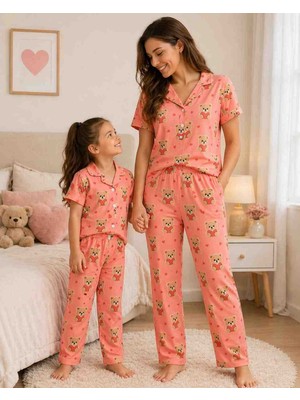 Arn Homewear Kalpli Ayıcık Desenli Anne Kız Çocuk Kombini Pijama Takımı (Bir Ürün Fiyatıdır)