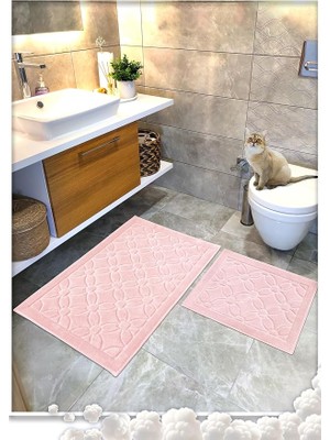 CetKing Pamuk Dokuma Su Emici Banyo Paspas Seti, Banyo Halısı Çiçek 2 Li Set 60X100-60X50 (Pudra)