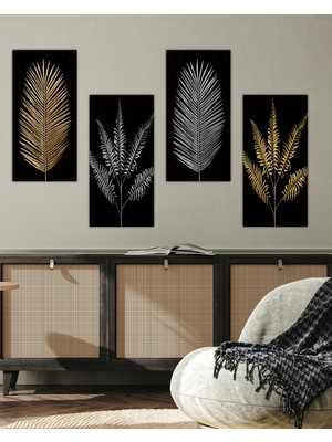 Handanca Gold Gümüş Yaprak Desen 4 Parçalı Mdf Tablo
