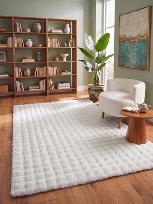Saraz Halı Lux Bubble Ekstra Yumoş Peluş Halı Kaymaz Taban Puffy Tavşan Tüyü Halı Beyaz