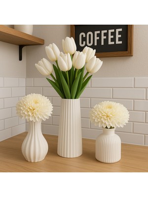 Handanca Minimal Beyaz Desenli Vazo Seti – 3’lü Çiçekli Dekoratif Takım