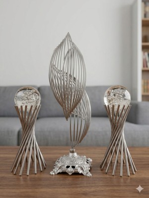 Handanca 3lü Set : Gümüş Renk Metal Tasarımlı 2 Burgulu ve 1 Helezon Dekorasyon Objesi