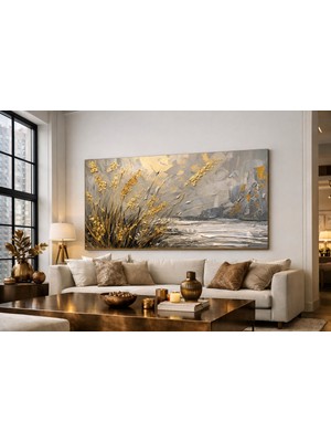 Handanca Premium Seri Altın Başaklar Soyut Kanvas Tablo Yatay – Modern Lüks Duvar Dekoru Salon Tablosu