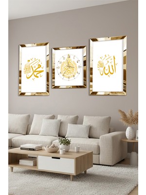 Handanca Gold Aynalı Pleksi Çerçeveli Hz Muhammed ve Allah Lafzı Üçlü Mdf Tablo Seti ve Saat Seti