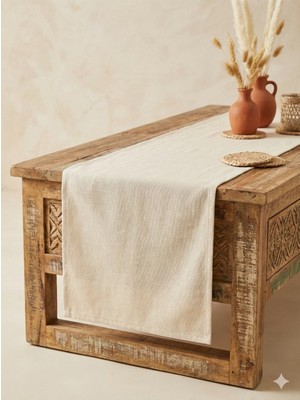 Handanca Organik Doku Ham Keten Masa Örtüsü Runner 40 x 150 cm Krem Renk