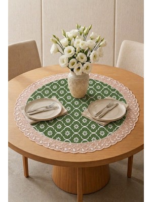 Rona Home Yuvarlak Çiçekli Yeşil Masa Örtüsü - Beyaz Güpür Dantel Detaylı Runner