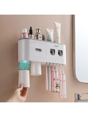 PremiumPort Banyo Rafı Diş Fırçası Tutucu Otomatik Diş Macunu Sıkıcı Organize