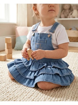 Mutlu Bebe Bulvar Kız Bebek %100 Pamuklu Kot Salopet Jile Takım - Ayıcık Nakışlı Fırfırlı Kot Elbise ve Beyaz Tişört 2'li Bayramlık-Yazlık Set