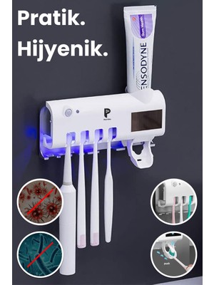 PremiumPort Otomatik Diş Macunu Sıkacağı ve Sterilizatör, 4 Adet Fırça Tutucu ile