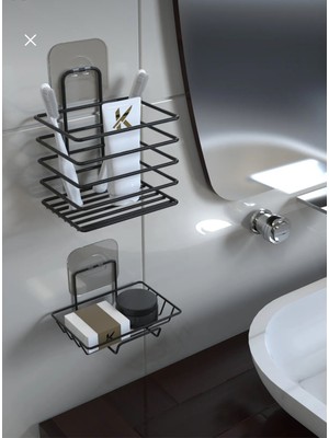 PremiumPort Şık Siyah Yapışkanlı Diş Fırçalık ve Sabunluk 2'li Banyo Düzenleyici Set