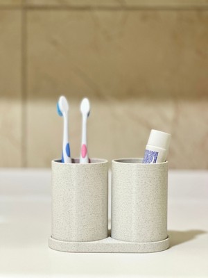 PremiumPort Modern Banyo Düzenleyici V3, Ikili Diş Fırçalık Seti, Açık Mermer Renk