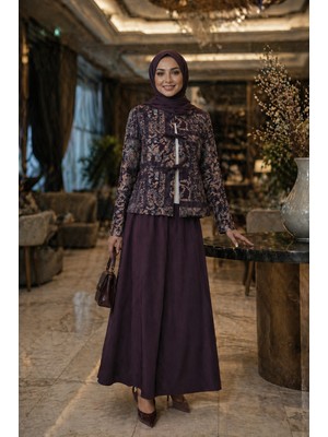 Esra Butik Mürdüm Jakarlı Ceketli Dabıl Kumaş Etekli Tesettür Ikili Takım