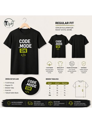 Tişört Kodu Code Mode On Baskılı Siyah Regular Fit Tişört – Modern Streetwear Erkek/kadın T-Shirt