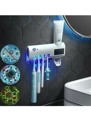 PremiumPort Otomatik Diş Macunu Sıkıcı ve Sterilizatör, 4 Diş Fırçası Tutucu Seti