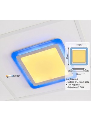 Cnl Kare Sıva Altı LED Spot Aydınlatma 36 Watt Çift Renk 3 Kademe Mavi Günışığı Gece Lambası Armatür