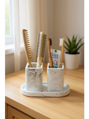 PremiumPort Banyo Seti Tepsili Diş Fırçalık ve Makyaj Organizeri, Şık ve Kullanışlı