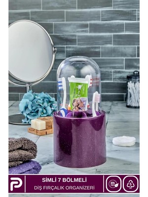 PremiumPort 7 Bölmeli Fanuslu Simli Diş Fırçalık Organizeri, Şık ve Fonksiyonel Tasarım