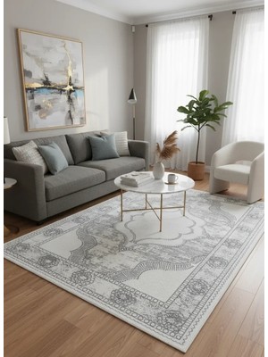Çapan Armoni H6294A Beyaz Gri Lacivert Madalyon Salon Halısı 160X230 — Flosh Eskitme