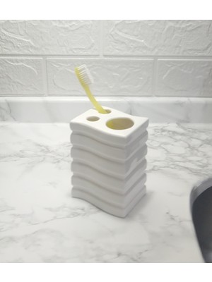 PremiumPort Kare Çizgili Seramik Diş Fırçalık, Banyo Dekorasyonu Için Şık Tasarım