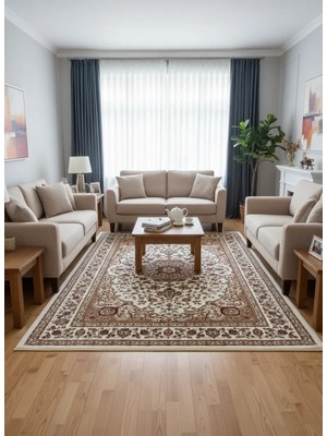Asar Yün Ipek H3846A Krem Madalyonlu Klasik Halı 200X290