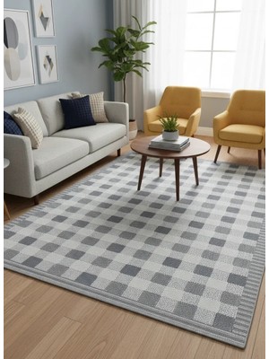 Excellence Narbe NB01 Krem Gri Kareli Düz Dokuma Salon Halısı 150X220 — Ekose Desen