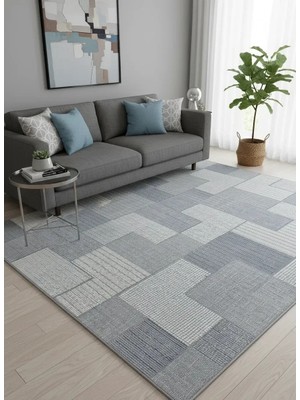Excellence Narbe NB04 Krem Gri Mavi Patchwork Blok Salon Halısı 150X220 — Modern Saçaklı
