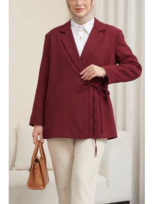 Moda Morfo Yandan Bağcıklı Arkası Yırtmaçlı Astarlı Double Krep Ceket -Bordo