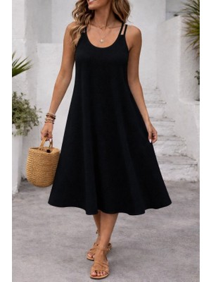 Flamex Kadın Askılı Yuvarlak Yakalı Kiloş Uzun Viskon Elbise