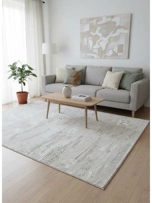 Asaryün Moda H6440 Bej Krem Soyut Eskitme Salon Halısı 150X233 — Organik Desen Saçaklı