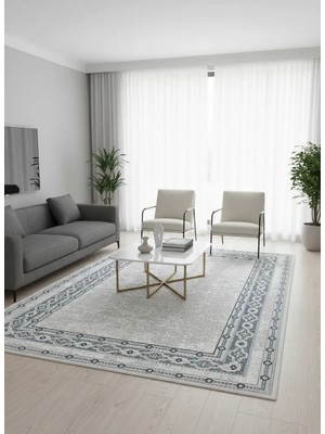 Asaryün Moda H6430 Krem Klasik Madalyon Çerçeveli Salon Halısı 150X233 — Eskitme Saçaklı