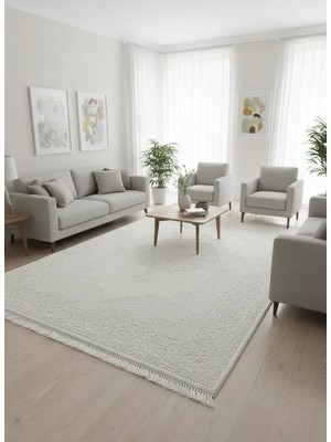 Sevimli AK172 Beyaz Kabartmalı Madalyonlu Halı 160X230