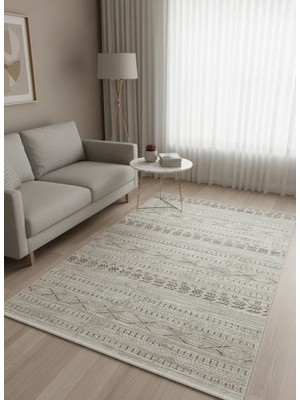 Asaryün Moda H7032 Bej Fas Berber Etnik Şeritli Salon Halısı 150X233 — Bohem Saçaklı