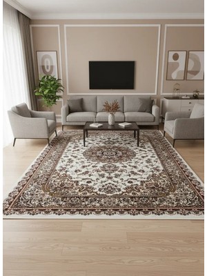 Asar Yün Ipek H3809A Krem Klasik Madalyonlu Halı 200X290