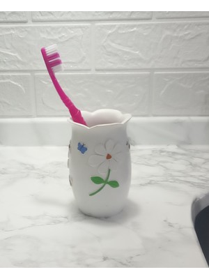 PremiumPort Çiçek Desenli Poliresin Diş Fırçalık ve Macunluk Banyo Seti 7X7X10CM