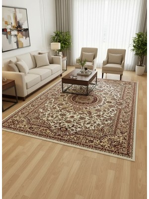 Asar Yün Ipek H4095A Krem Madalyonlu Klasik Halı 200X290