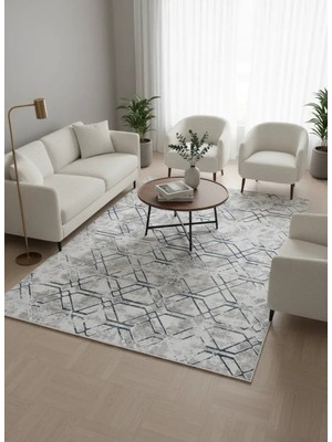 Çapan Armoni H5687B Lacivert Beyaz Geometrik Desenli Halı 200X290