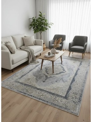 Asaryün Moda H4861 Mavi Gri Madalyon Klasik Salon Halısı 150X233 — Eskitme Saçaklı